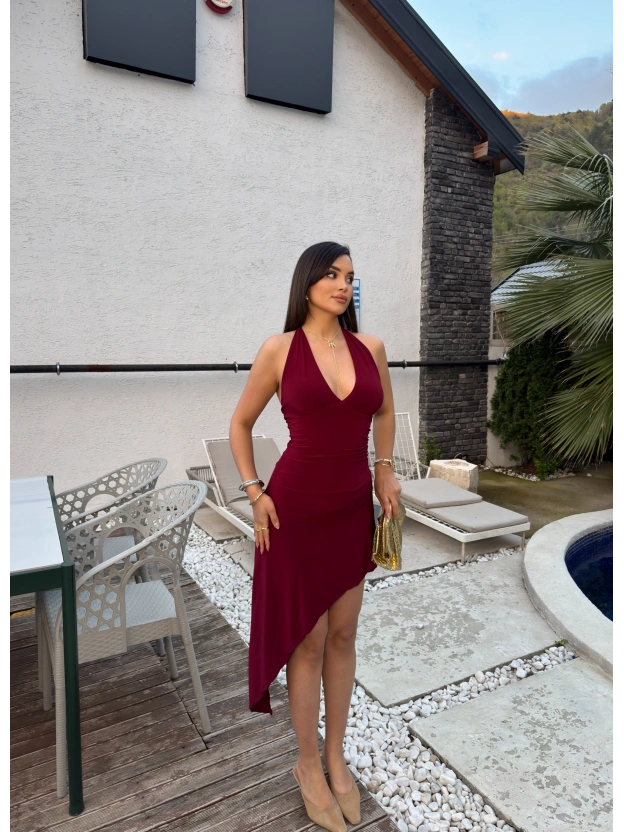 Bordo Boyundan Bağlamalı Asimetrik Elbise