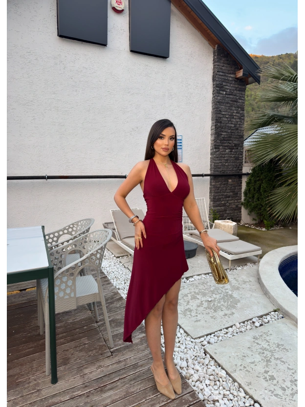 Bordo Boyundan Bağlamalı Asimetrik Elbise