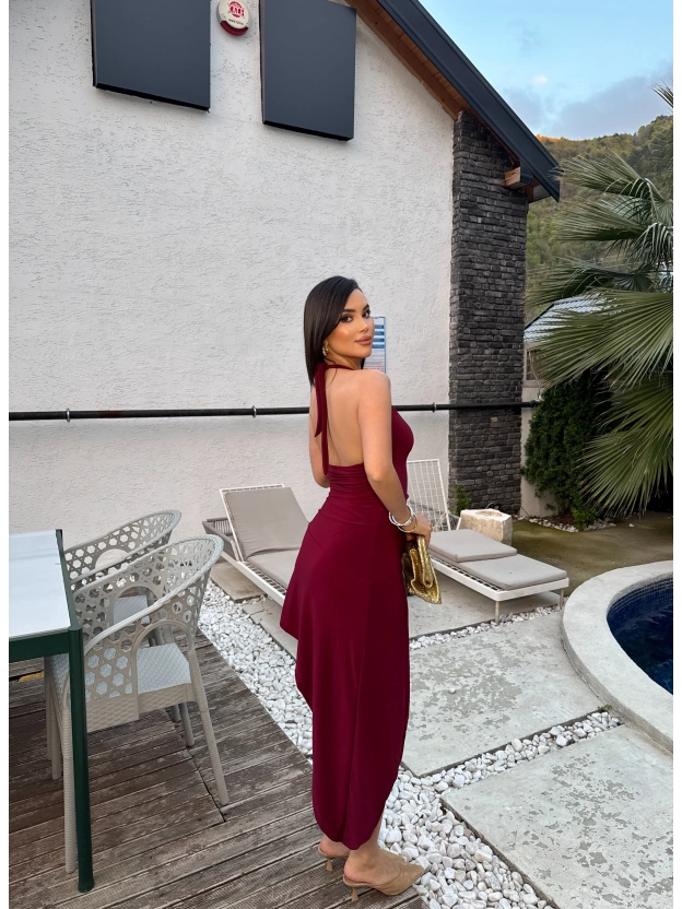 Bordo Boyundan Bağlamalı Asimetrik Elbise