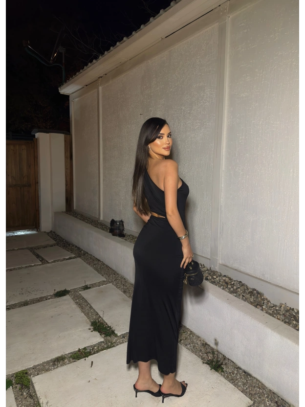 Siyah Çift Aksesuarlı Bel Detay Tek Omuz Elbise
