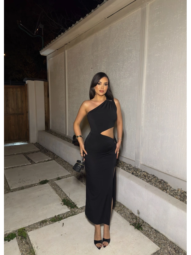 Siyah Çift Aksesuarlı Bel Detay Tek Omuz Elbise