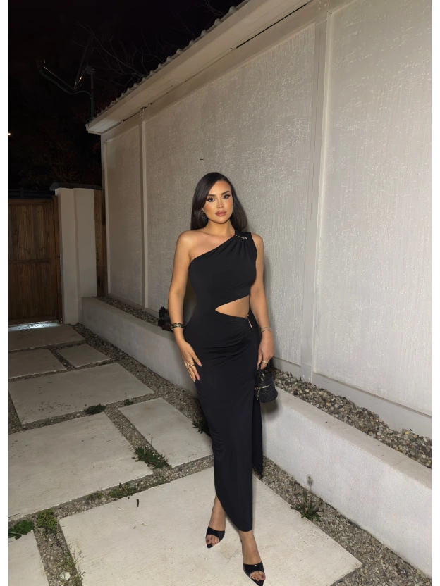 Siyah Çift Aksesuarlı Bel Detay Tek Omuz Elbise