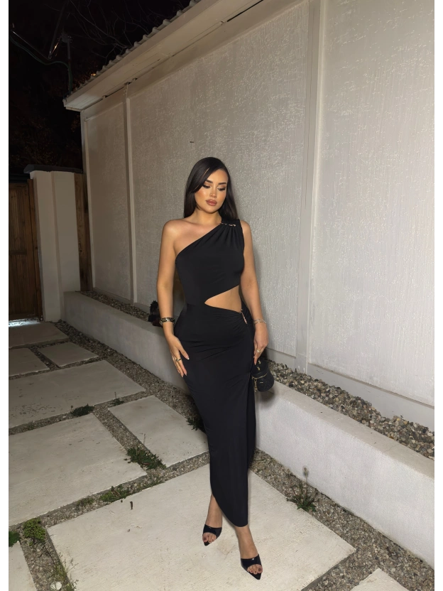 Siyah Çift Aksesuarlı Bel Detay Tek Omuz Elbise