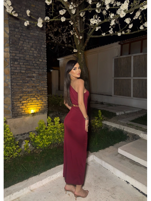 Bordo Çift Aksesuarlı Bel Detay Tek Omuz Elbise