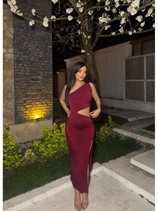 Bordo Çift Aksesuarlı Bel Detay Tek Omuz Elbise