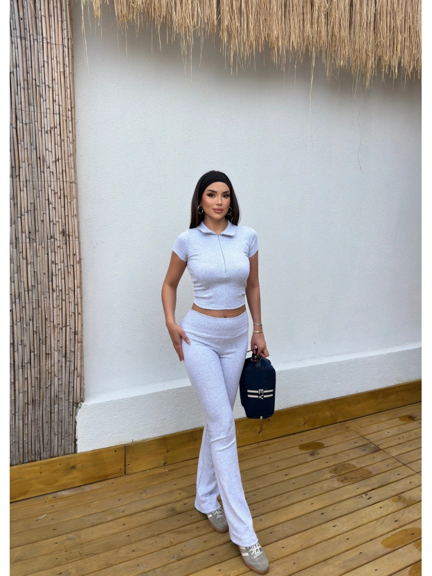 Gri Brshk Polo Yaka Fermuarlı Alt Üst Takım