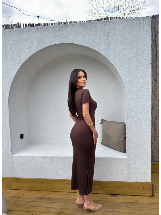 Kahverengi Tasarım Bağlama Detay Uzun Elbise