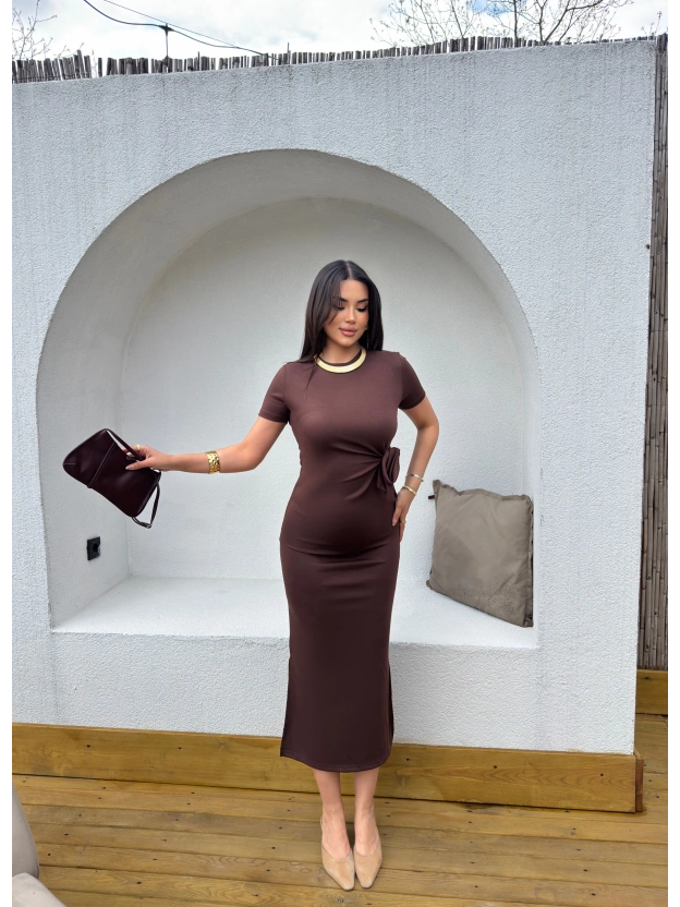 Kahverengi Tasarım Bağlama Detay Uzun Elbise