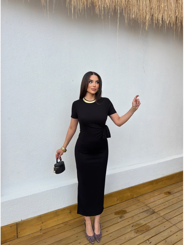 Siyah Tasarım Bağlama Detay Uzun Elbise