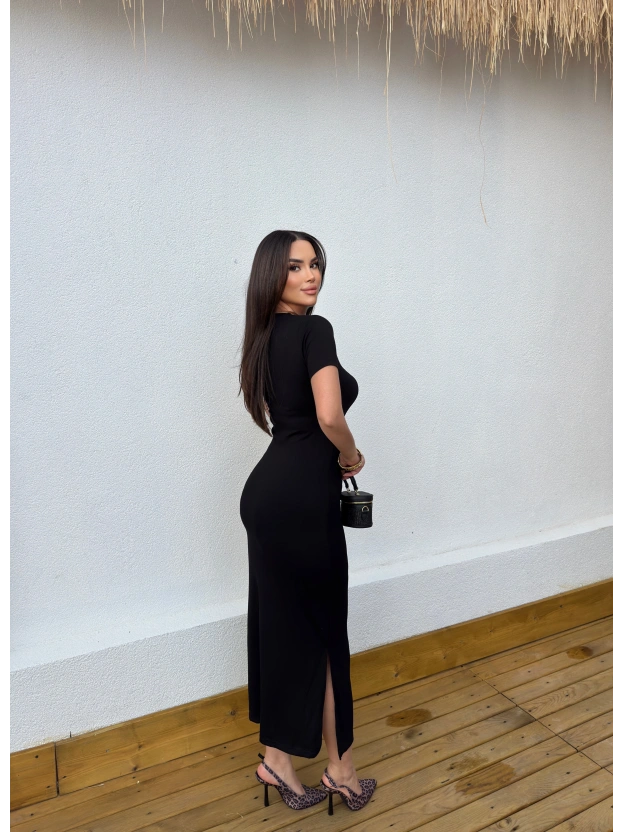 Siyah Tasarım Bağlama Detay Uzun Elbise