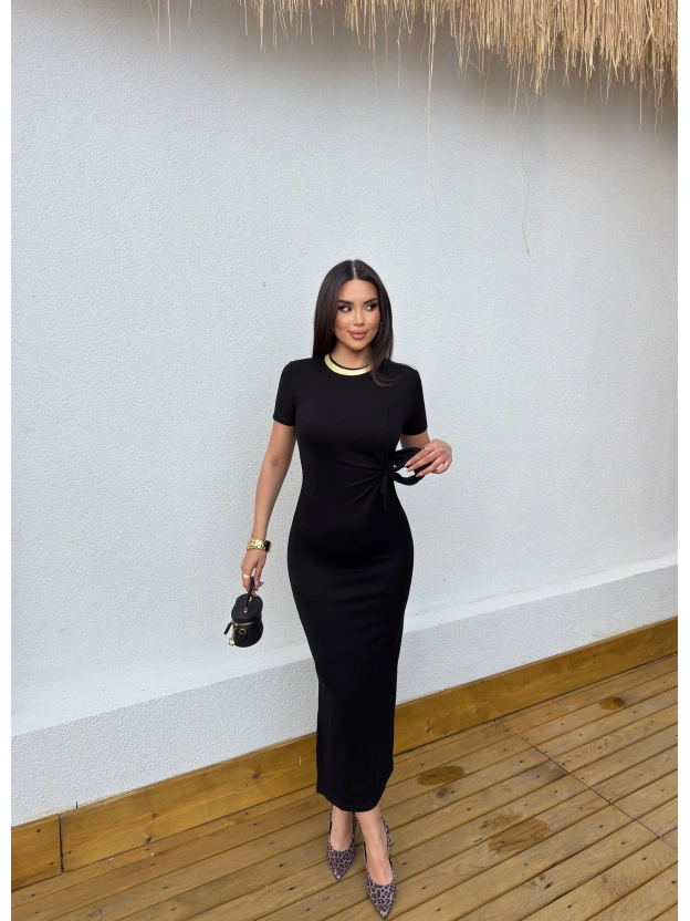 Siyah Tasarım Bağlama Detay Uzun Elbise