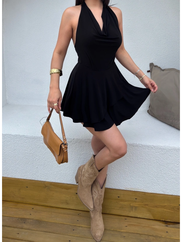 Siyah Degaje Yaka Boyundan Bağlamalı Mini Elbise