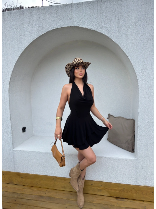 Siyah Degaje Yaka Boyundan Bağlamalı Mini Elbise