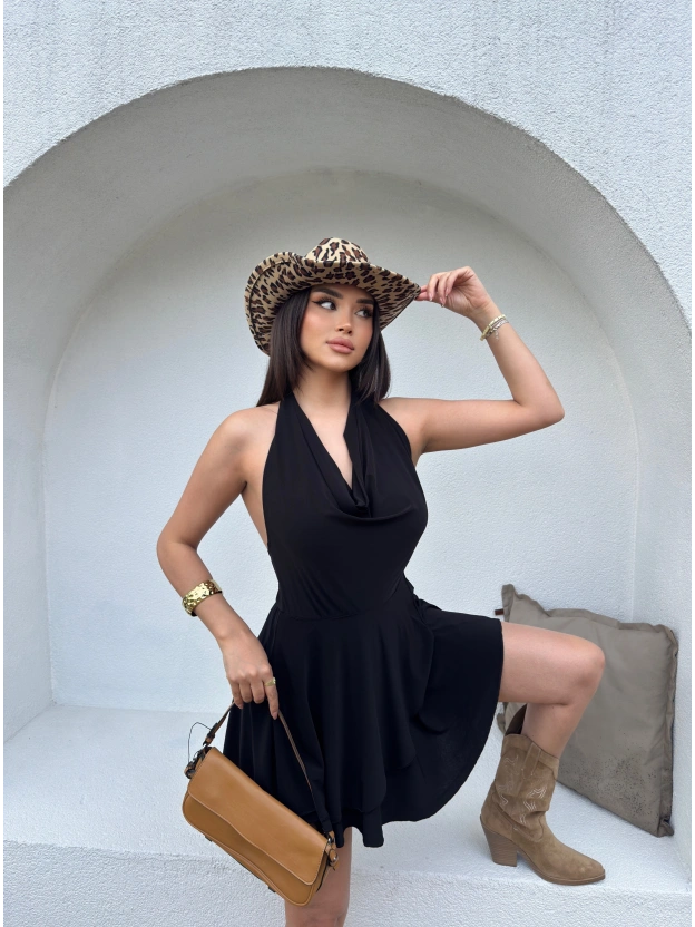 Siyah Degaje Yaka Boyundan Bağlamalı Mini Elbise