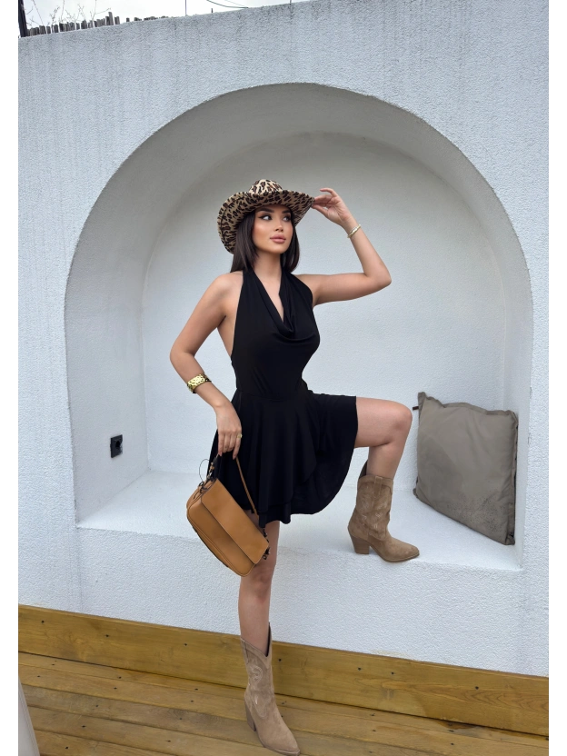 Siyah Degaje Yaka Boyundan Bağlamalı Mini Elbise