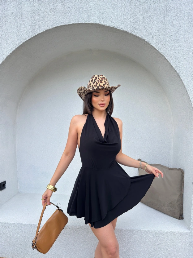 Siyah Degaje Yaka Boyundan Bağlamalı Mini Elbise