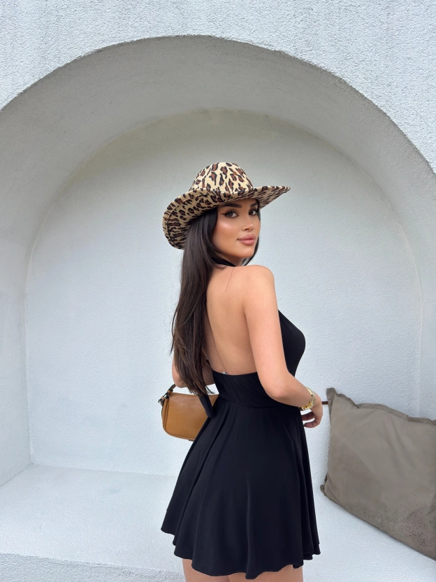 Siyah Degaje Yaka Boyundan Bağlamalı Mini Elbise