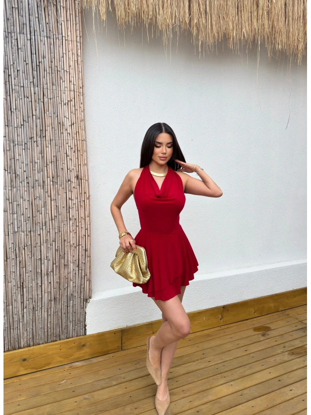 Kırmızı Degaje Yaka Boyundan Bağlamalı Mini Elbise