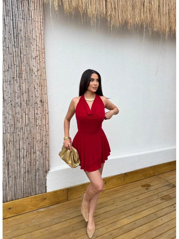 Kırmızı Degaje Yaka Boyundan Bağlamalı Mini Elbise