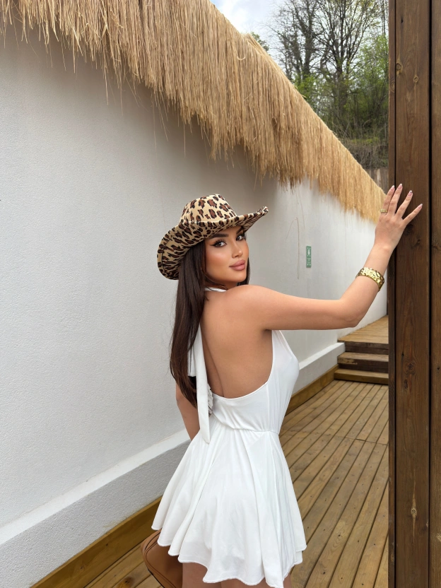 Beyaz Degaje Yaka Boyundan Bağlamalı Mini Elbise