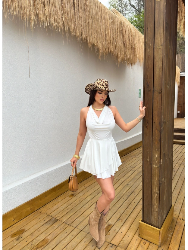 Beyaz Degaje Yaka Boyundan Bağlamalı Mini Elbise