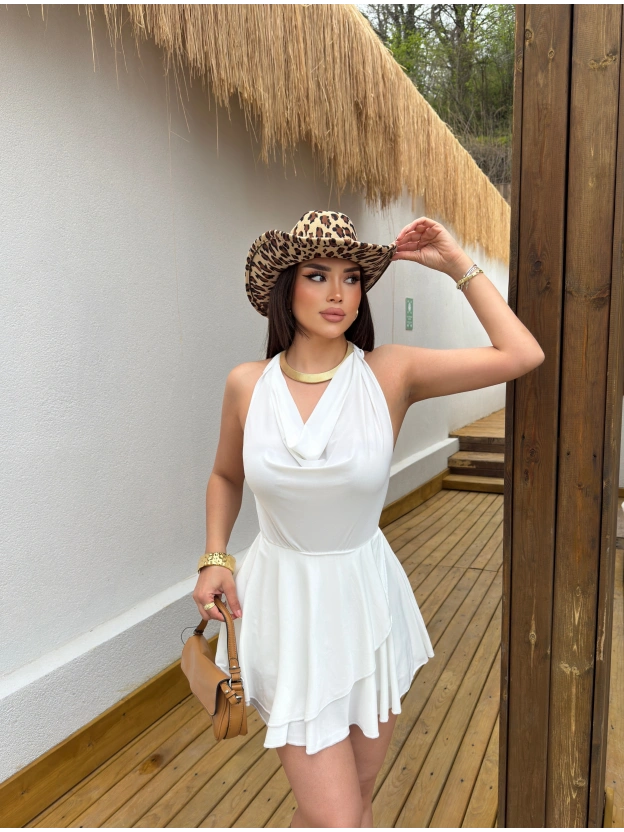 Beyaz Degaje Yaka Boyundan Bağlamalı Mini Elbise