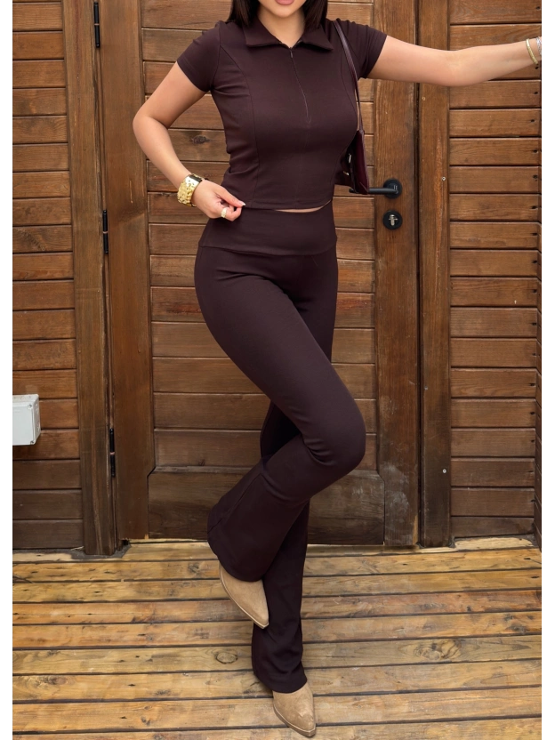 Kahverengi Brshk Polo Yaka Fermuarlı Alt Üst Takım