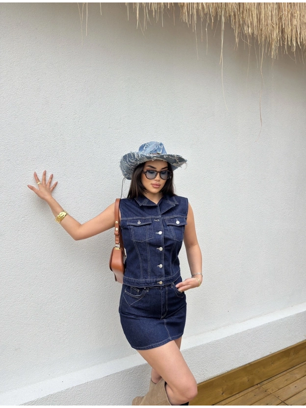 Koyu Mavi Denim Yelek Etek Takım