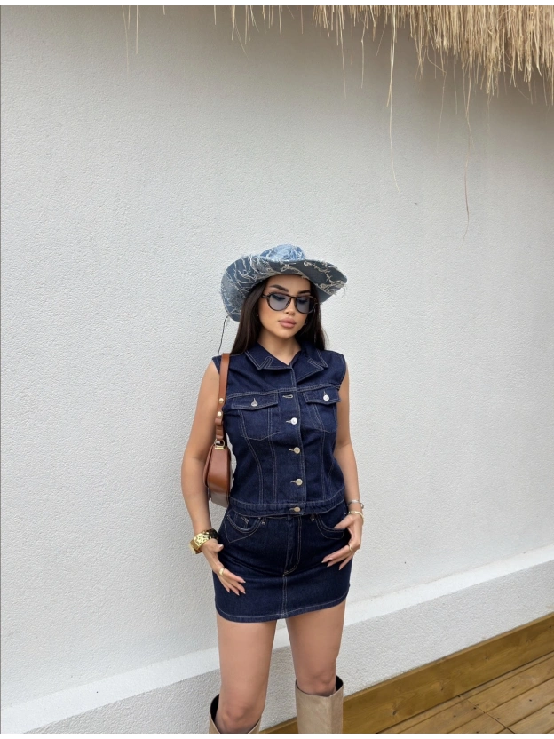 Koyu Mavi Denim Yelek Etek Takım