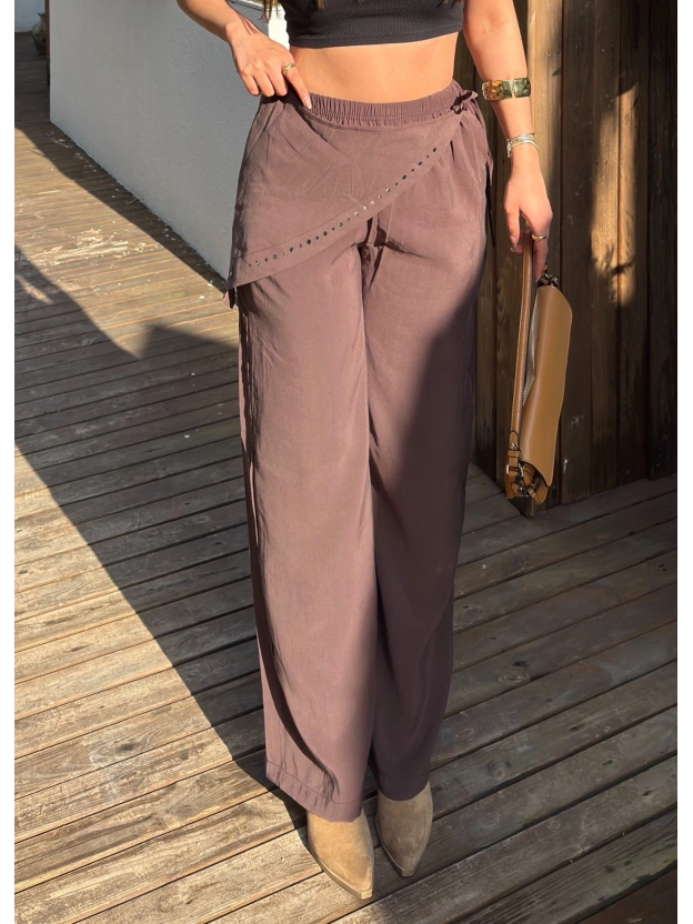 Kahverengi Beli Fularlı Tailored Fit Tensel Pantolon