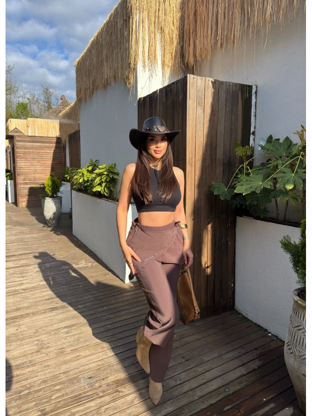 Kahverengi Beli Fularlı Tailored Fit Tensel Pantolon