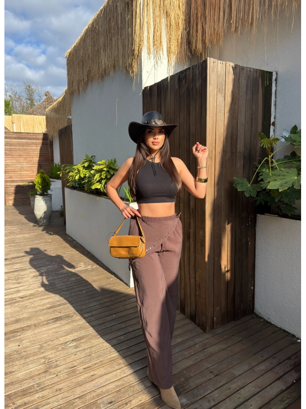 Kahverengi Beli Fularlı Tailored Fit Tensel Pantolon