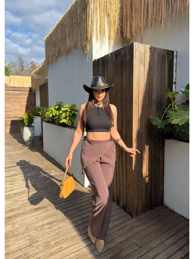 Kahverengi Beli Fularlı Tailored Fit Tensel Pantolon