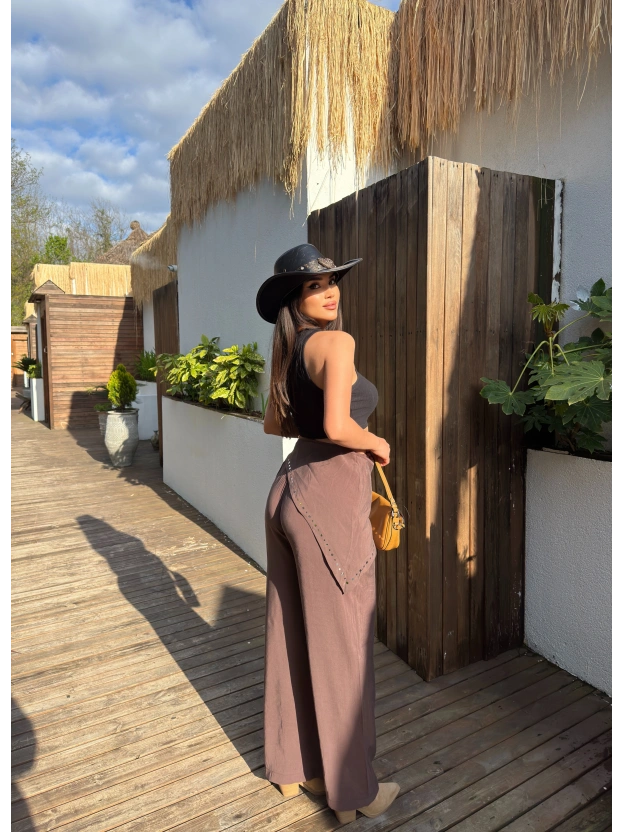 Kahverengi Beli Fularlı Tailored Fit Tensel Pantolon