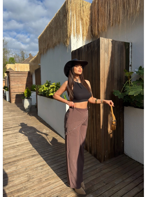 Kahverengi Beli Fularlı Tailored Fit Tensel Pantolon