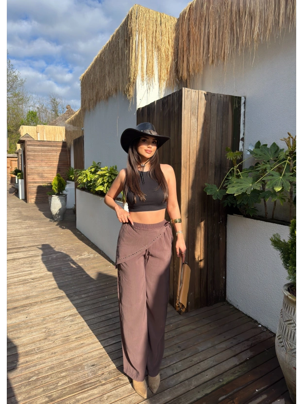 Kahverengi Beli Fularlı Tailored Fit Tensel Pantolon