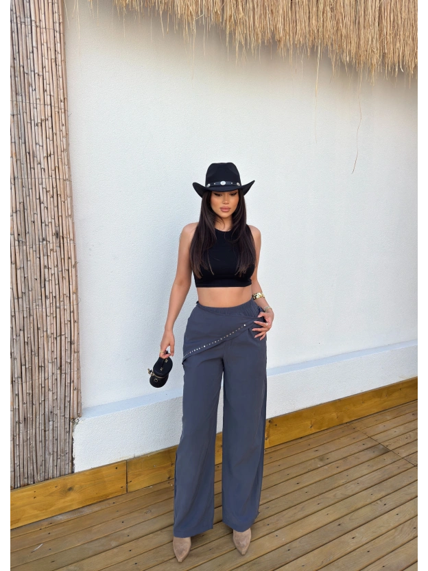 Antrasit Beli Fularlı Tailored Fit Tensel Pantolon