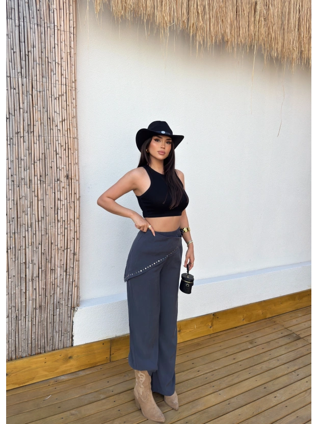 Antrasit Beli Fularlı Tailored Fit Tensel Pantolon