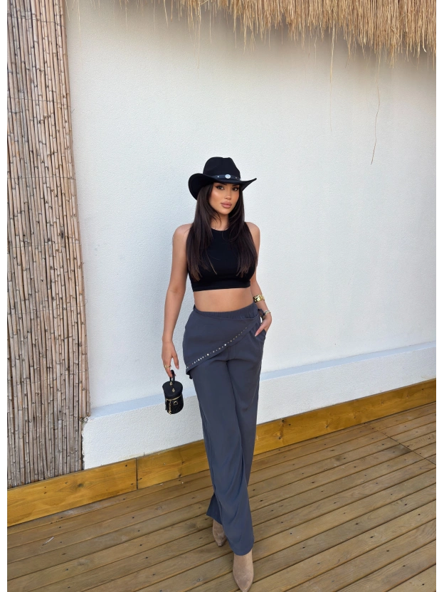 Antrasit Beli Fularlı Tailored Fit Tensel Pantolon