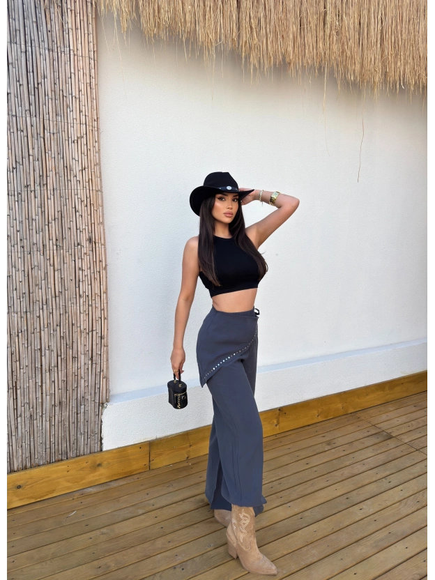 Antrasit Beli Fularlı Tailored Fit Tensel Pantolon