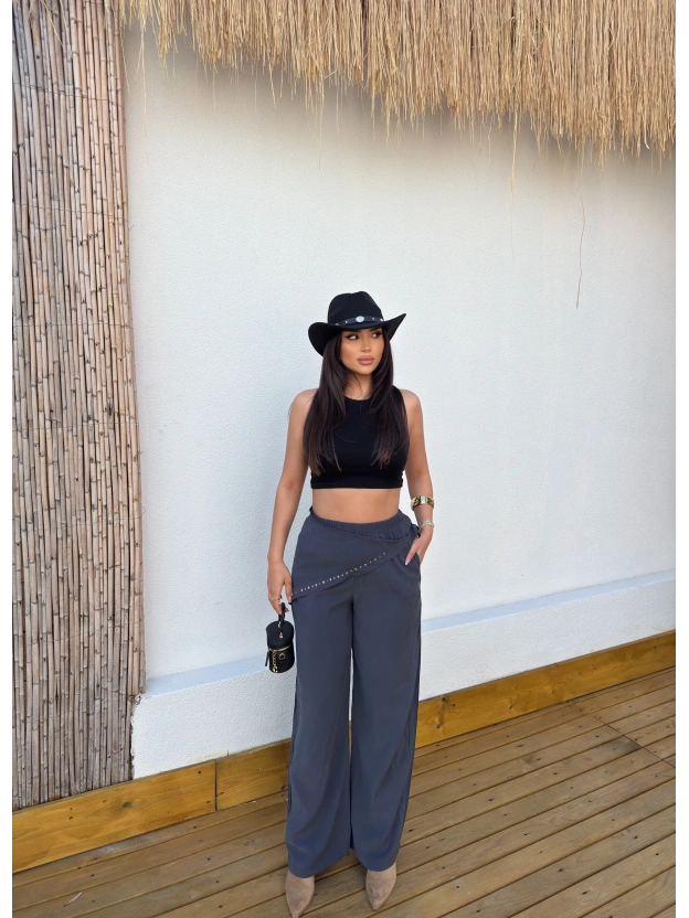 Antrasit Beli Fularlı Tailored Fit Tensel Pantolon