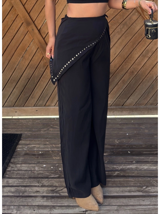 Siyah Beli Fularlı Tailored Fit Tensel Pantolon