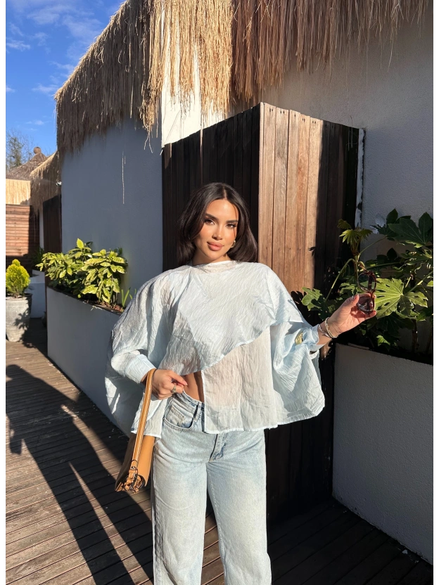 Beyaz Çilek Kumaş Panço Bluz