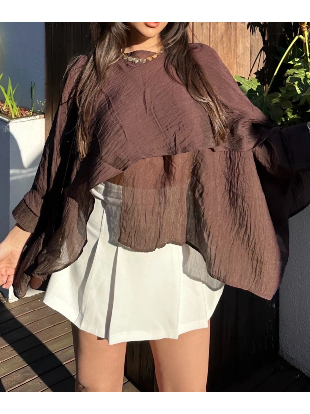 Kahverengi Çilek Kumaş Panço Bluz