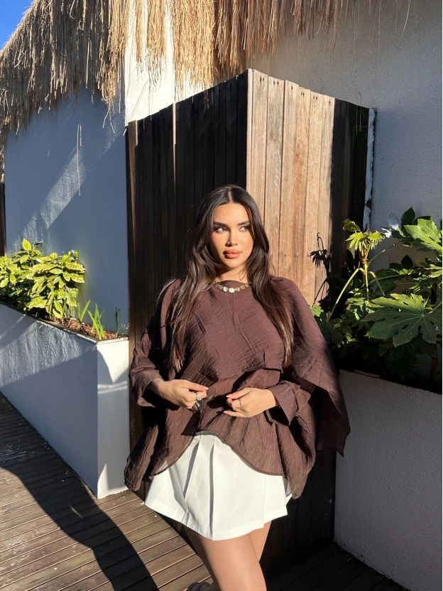 Kahverengi Çilek Kumaş Panço Bluz