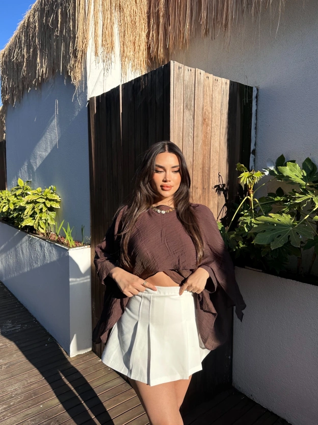 Kahverengi Çilek Kumaş Panço Bluz