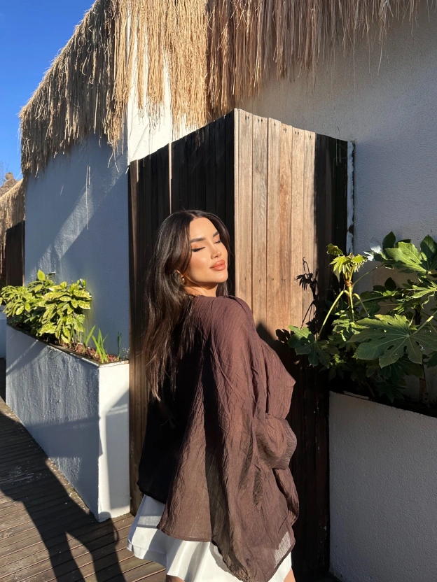 Kahverengi Çilek Kumaş Panço Bluz