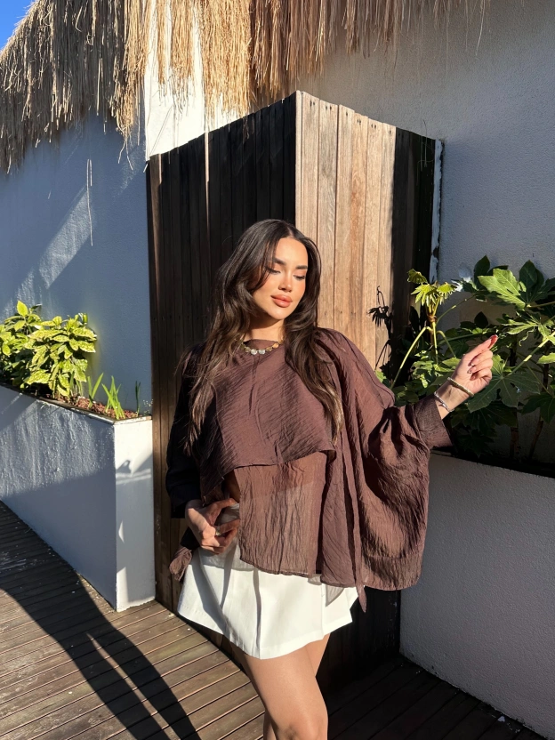 Kahverengi Çilek Kumaş Panço Bluz