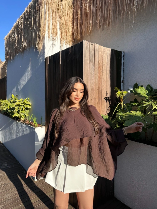 Kahverengi Çilek Kumaş Panço Bluz