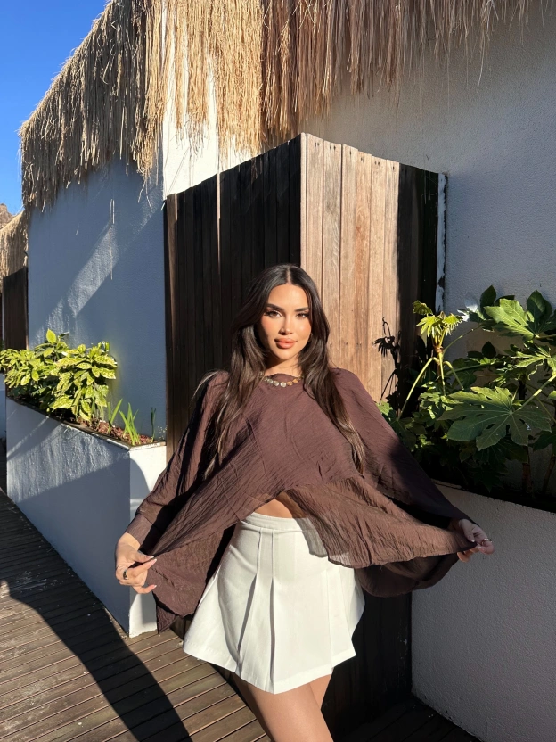 Kahverengi Çilek Kumaş Panço Bluz